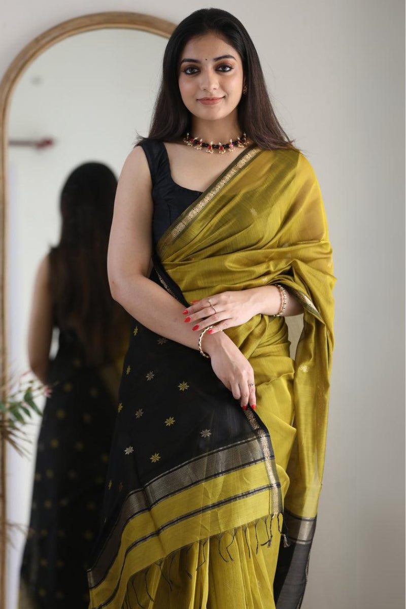 Palimpsest Mehndi Cotton Silk Saree With Captivating Blouse Piece