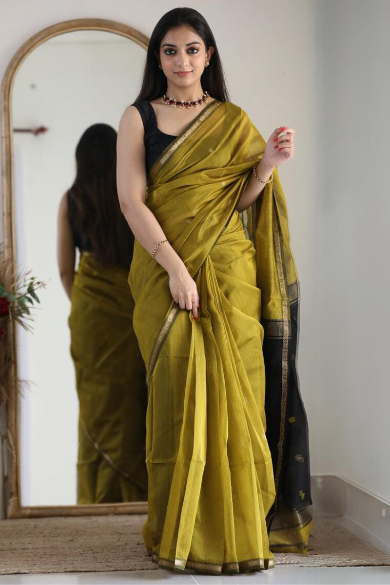 Palimpsest Mehndi Cotton Silk Saree With Captivating Blouse Piece