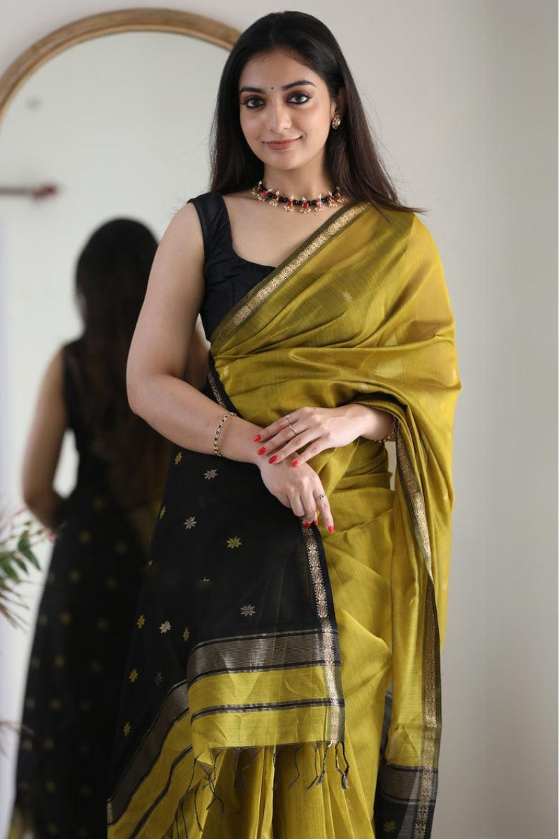 Palimpsest Mehndi Cotton Silk Saree With Captivating Blouse Piece