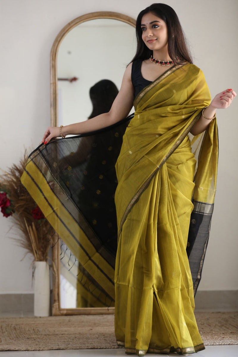 Palimpsest Mehndi Cotton Silk Saree With Captivating Blouse Piece