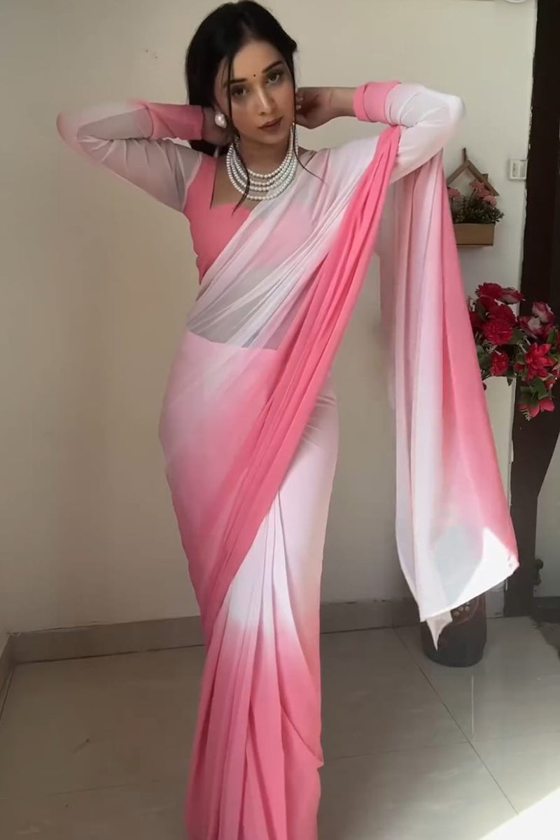 Profuse 1-Minute Ready To Wear Pink And White Color Georgette Saree