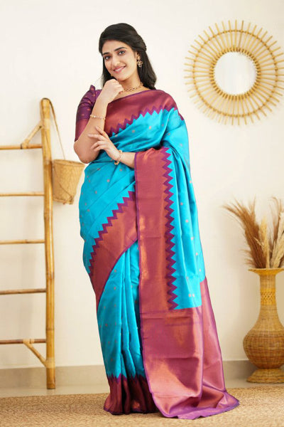 Enchanting Firozi Soft Silk Saree With Outstanding Blouse Piece