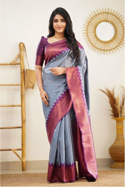 Comely Grey Soft Silk Saree With Glorious Blouse Piece