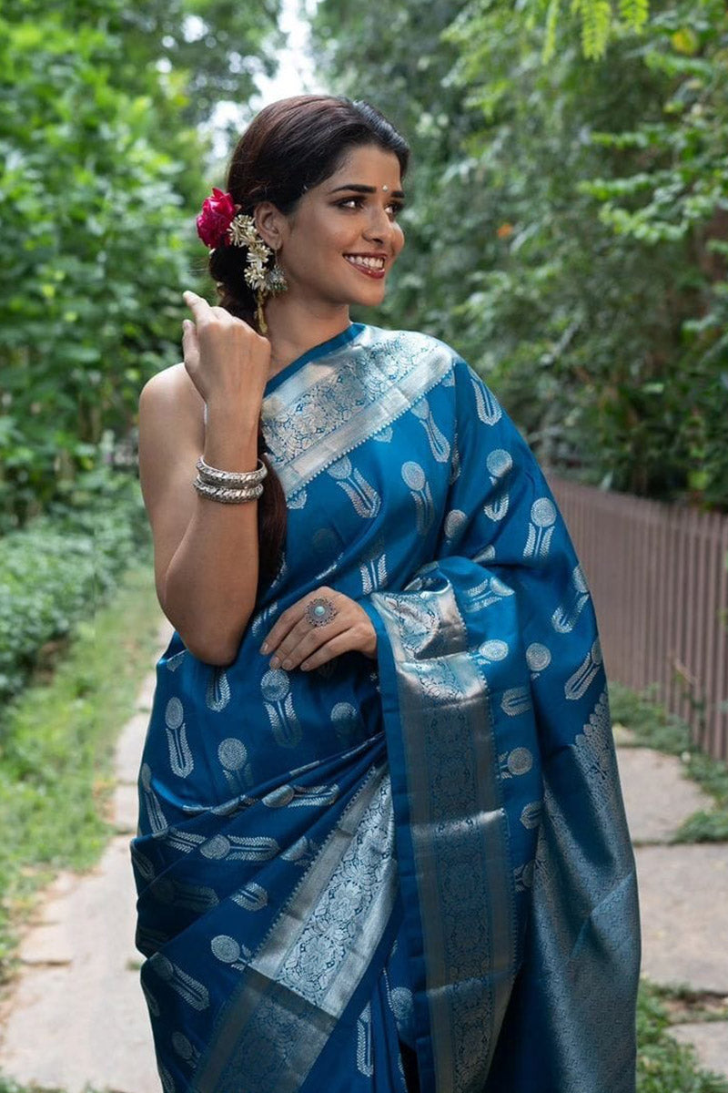 Diaphanous Blue Soft Silk Saree With Assemblage Blouse Piece