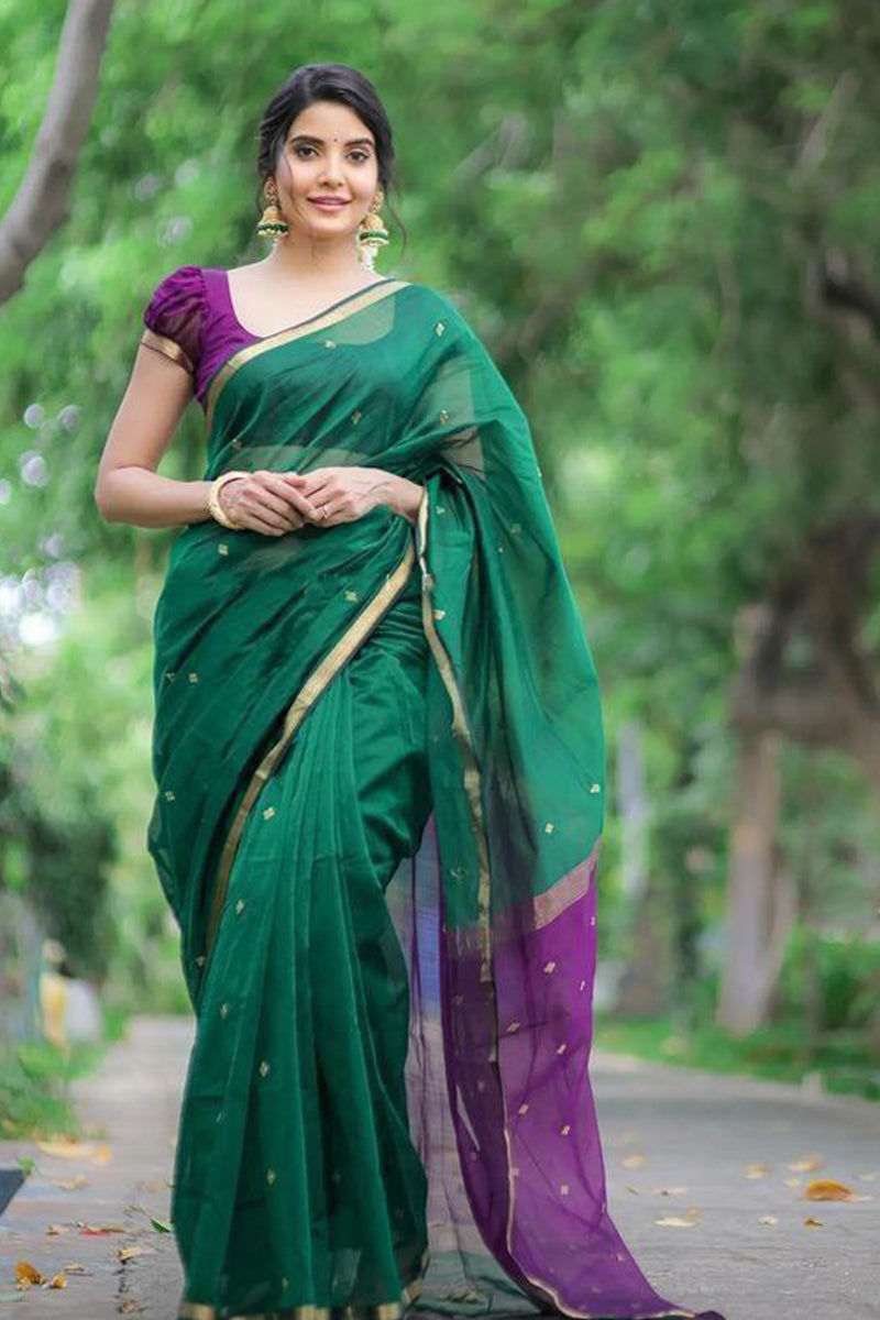 Magnetic Green Cotton Silk Saree With Palimpsest Blouse Piece