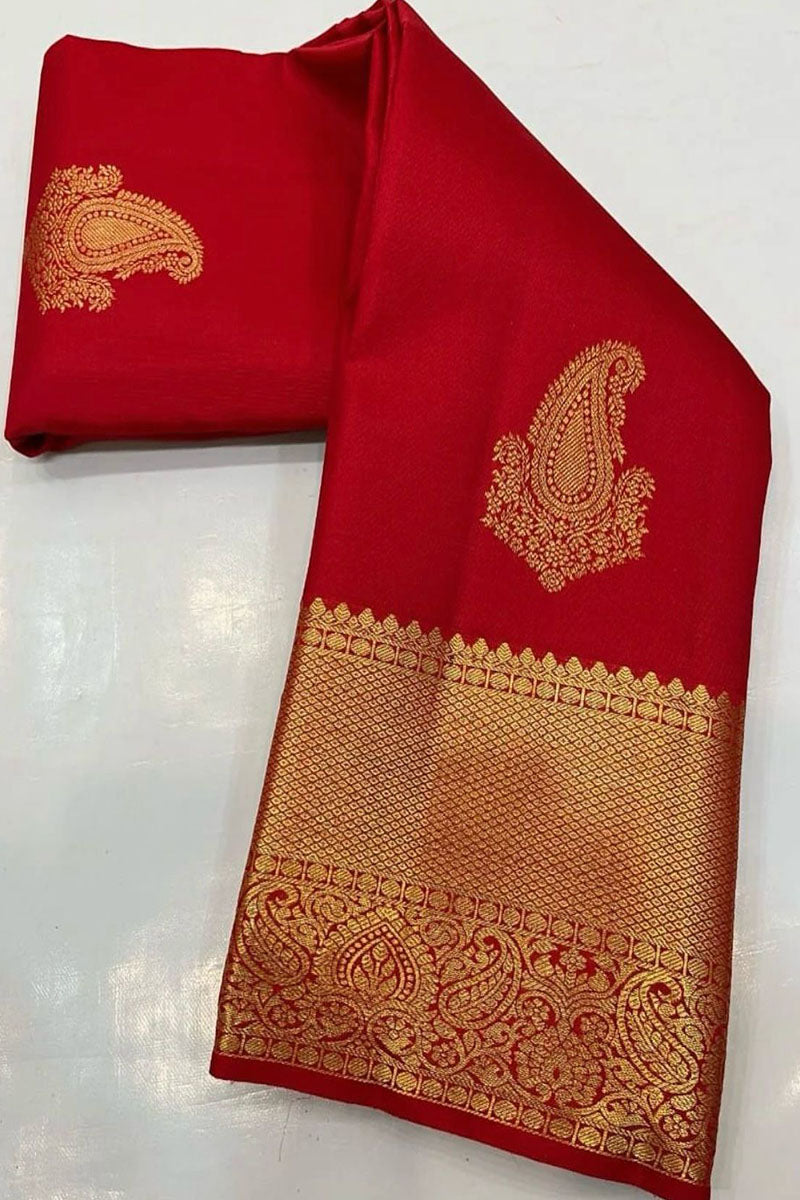 Evocative Red Soft Banarasi Silk Saree With Glam Blouse Piece