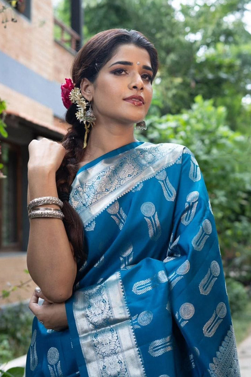 Diaphanous Blue Soft Silk Saree With Assemblage Blouse Piece