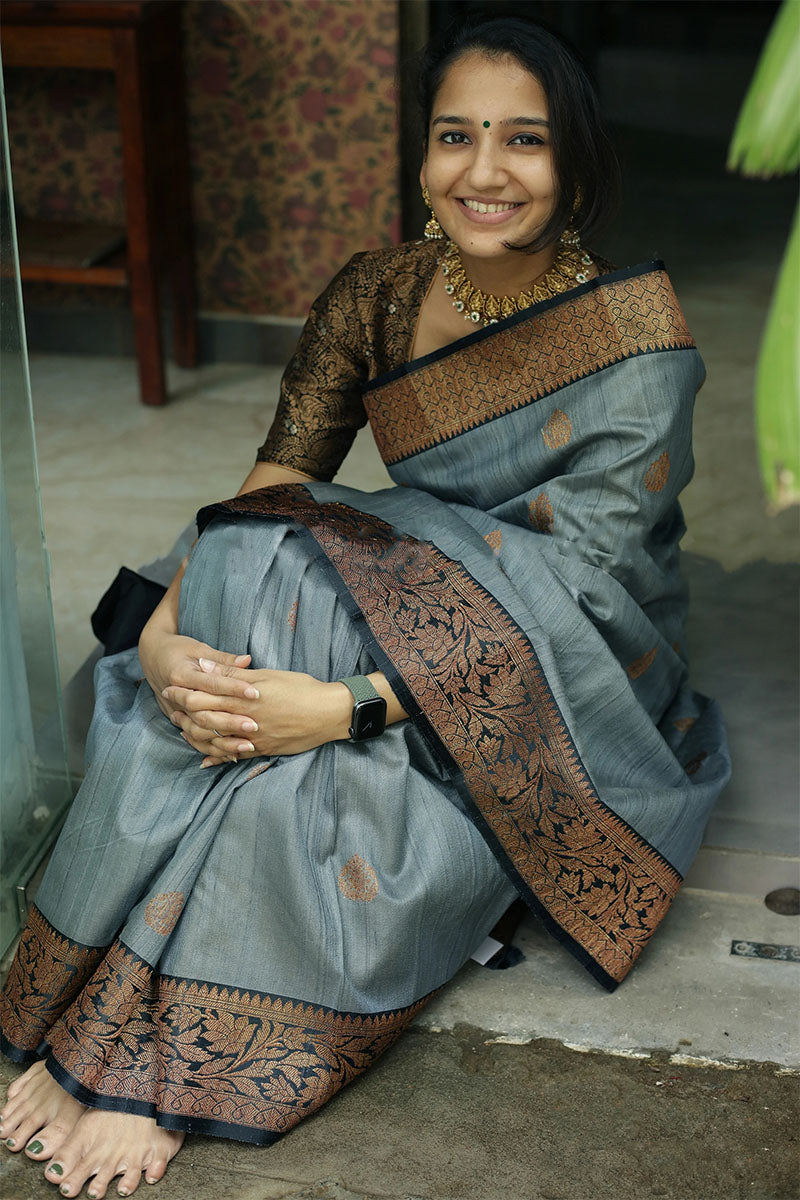 Groovy Grey Color Soft Banarasi Silk Saree With Vestigial Blouse Piece