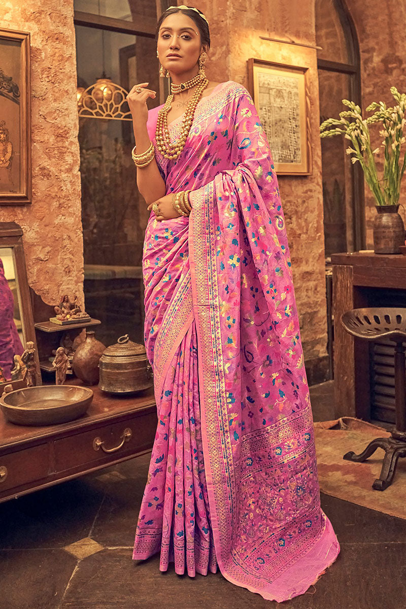 Admirable Pink Pashmina Silk Saree With Beleaguer Blouse Piece