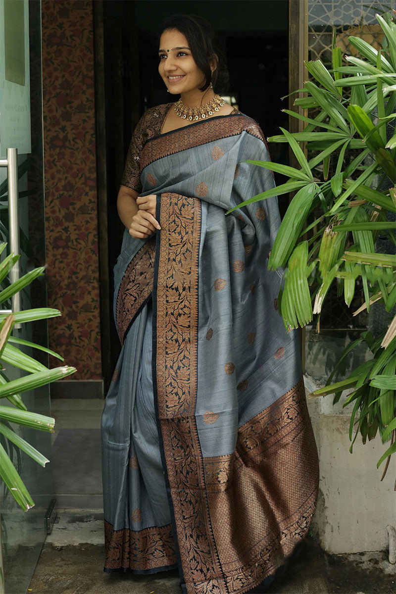 Groovy Grey Color Soft Banarasi Silk Saree With Vestigial Blouse Piece