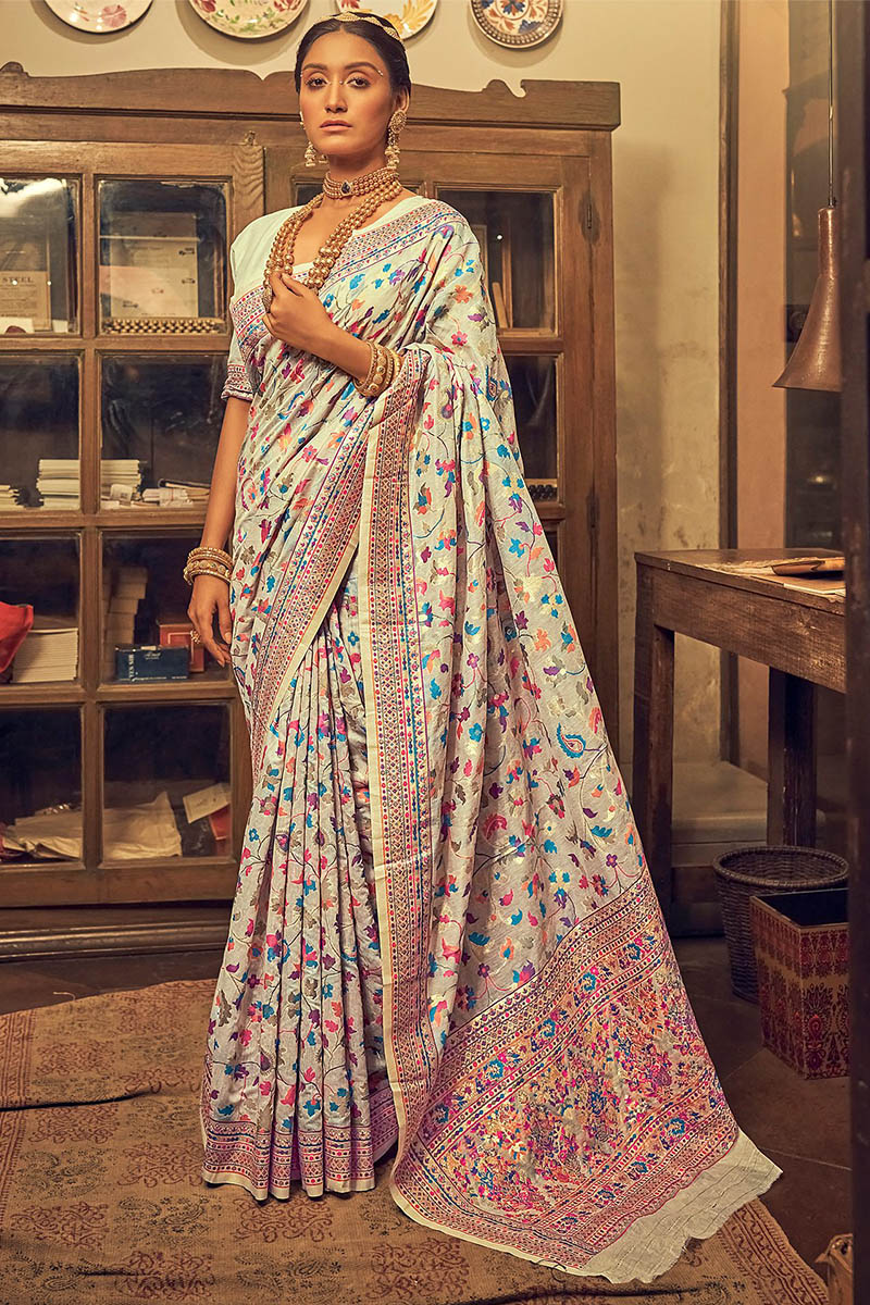 Admirable White Pashmina Silk Saree With Symmetrical Blouse Piece