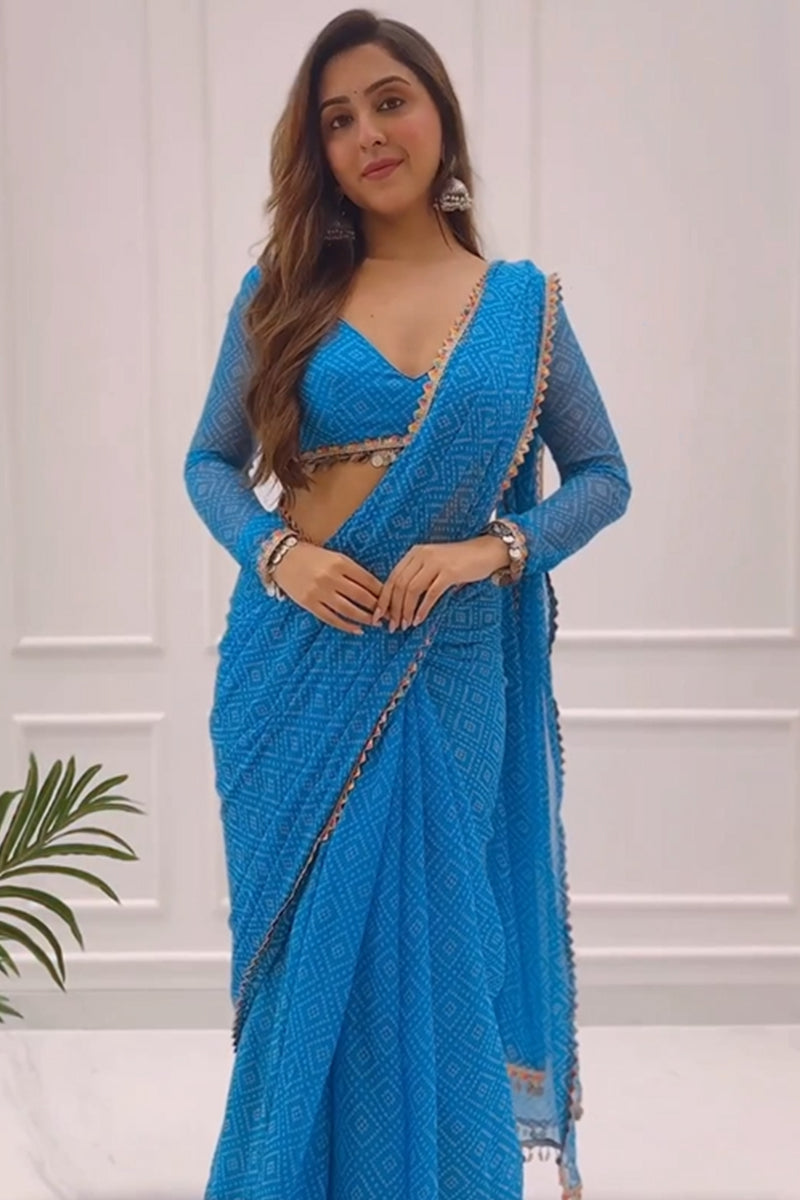 Glorious 1 Minute Ready To Wear Blue Color Digital Printed Georgette Saree With Unstitched Blouse