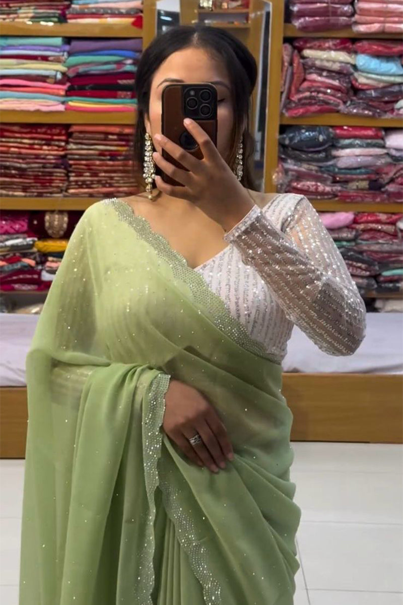 Scintilla Parrot Green Georgette Saree With Ebullience Embroidery Blouse