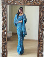 1 Minute Ready To Wear Blue Color Floral Digital Printed Georgette Saree with Unstitched Blouse