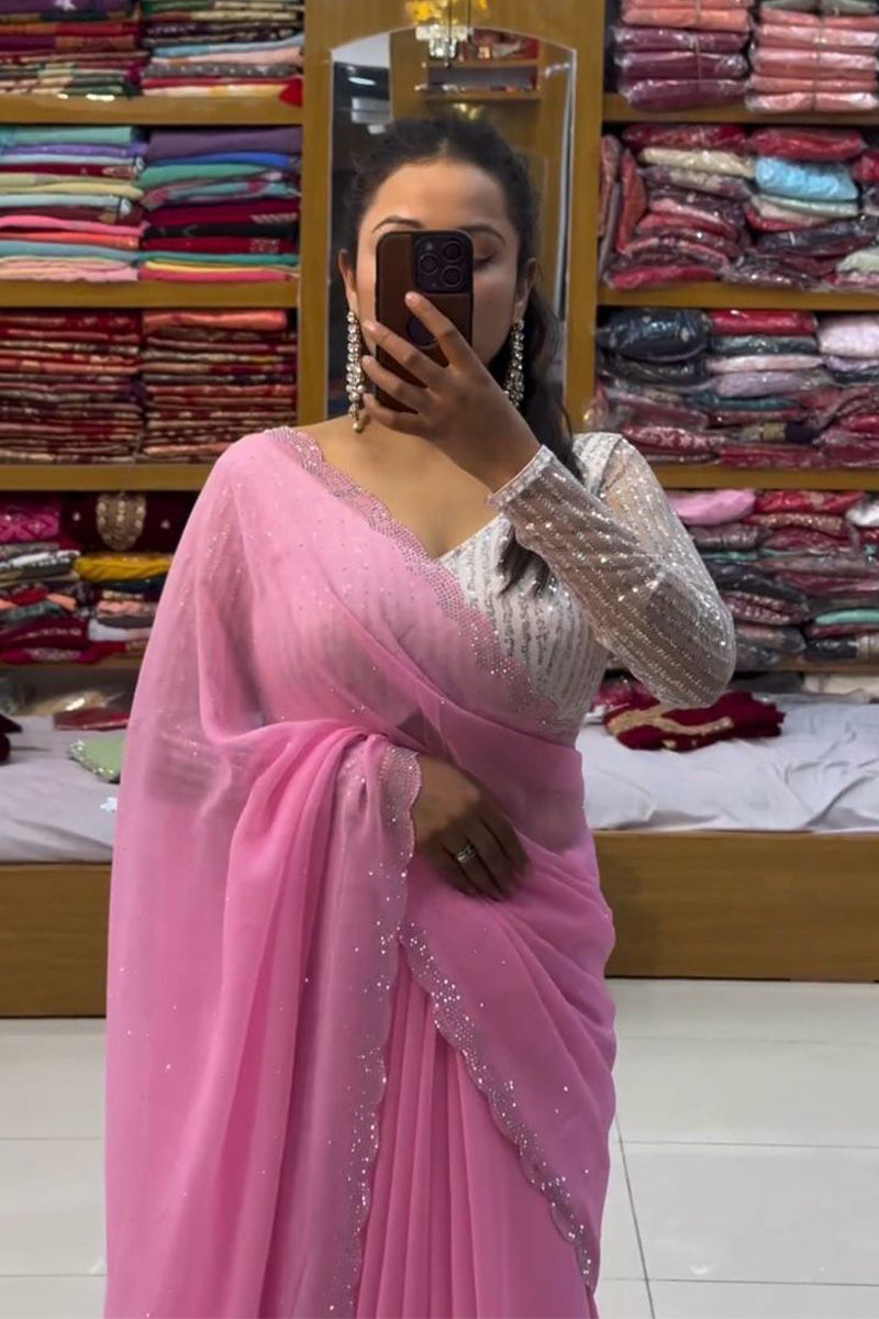 Tempting Pink Georgette Saree With Ebullience Embroidery Blouse