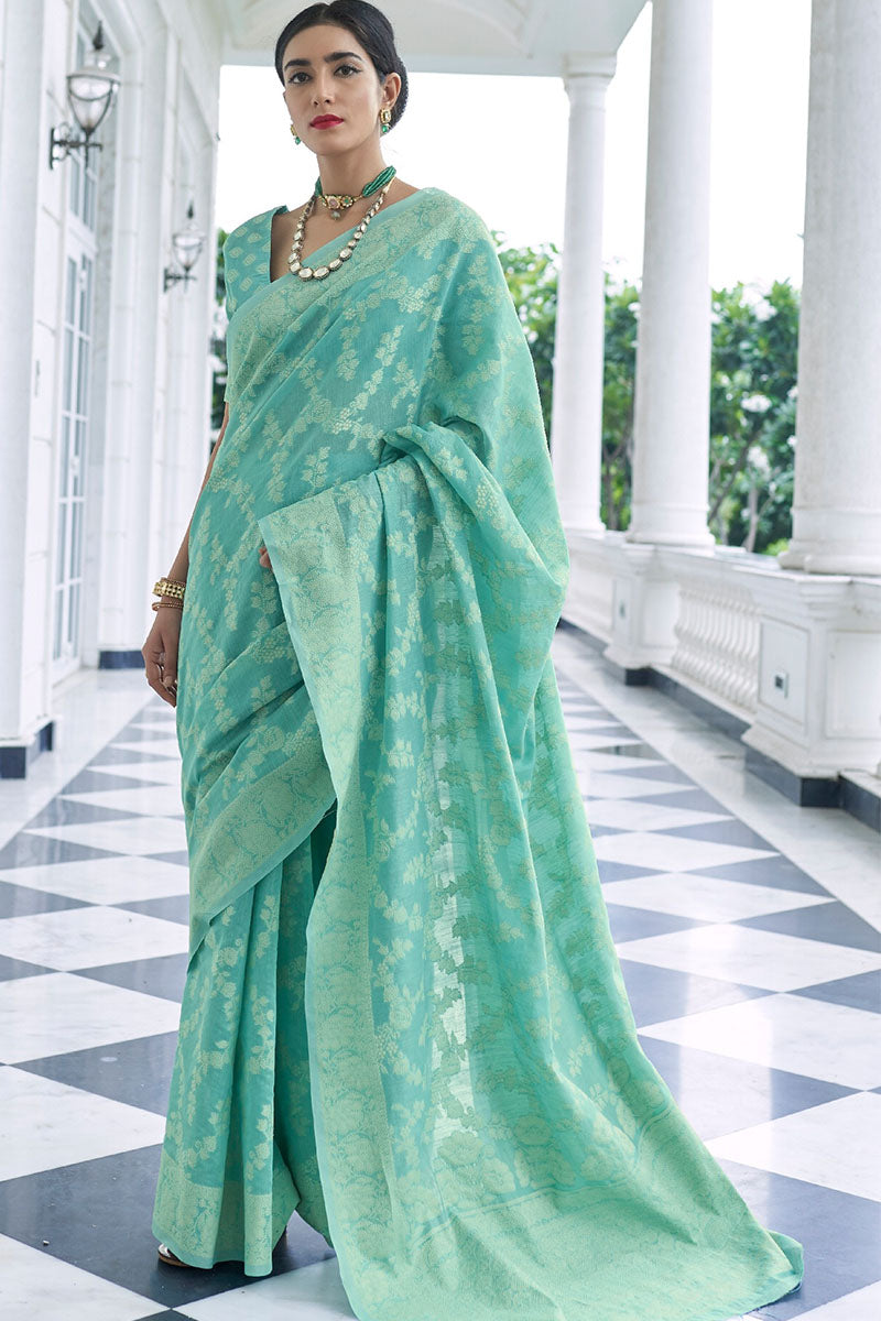 Conflate Turquoise Color Lucknowi Silk Saree With Blissful Blouse Piece