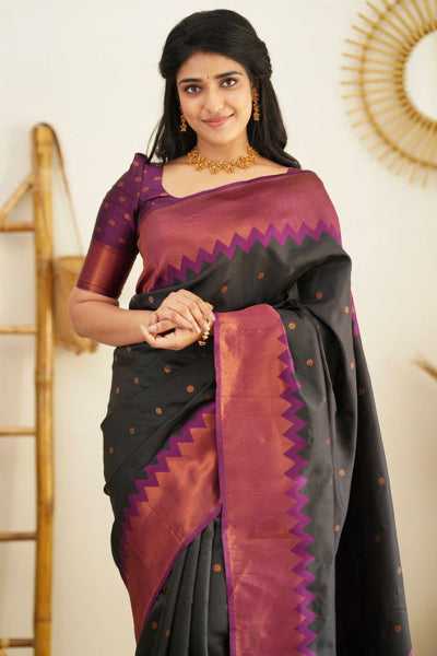 Beauteous Black Soft Silk Saree With Majesty Blouse Piece