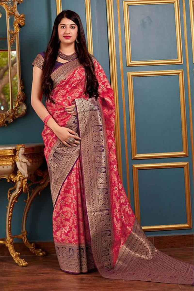 Magnetic Red Color Soft Banarasi Silk Saree With Blouse Piece