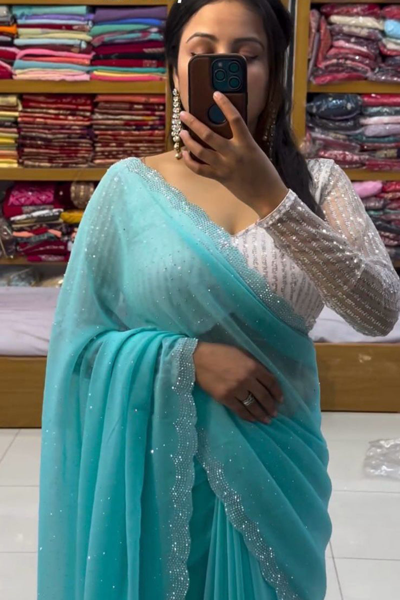 Captivating Sky Blue Georgette Saree With Ebullience Embroidery Blouse