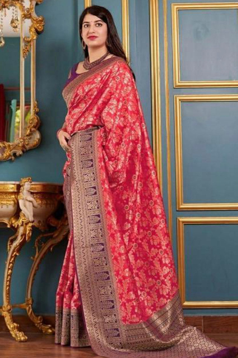 Magnetic Red Color Soft Banarasi Silk Saree With Blouse Piece