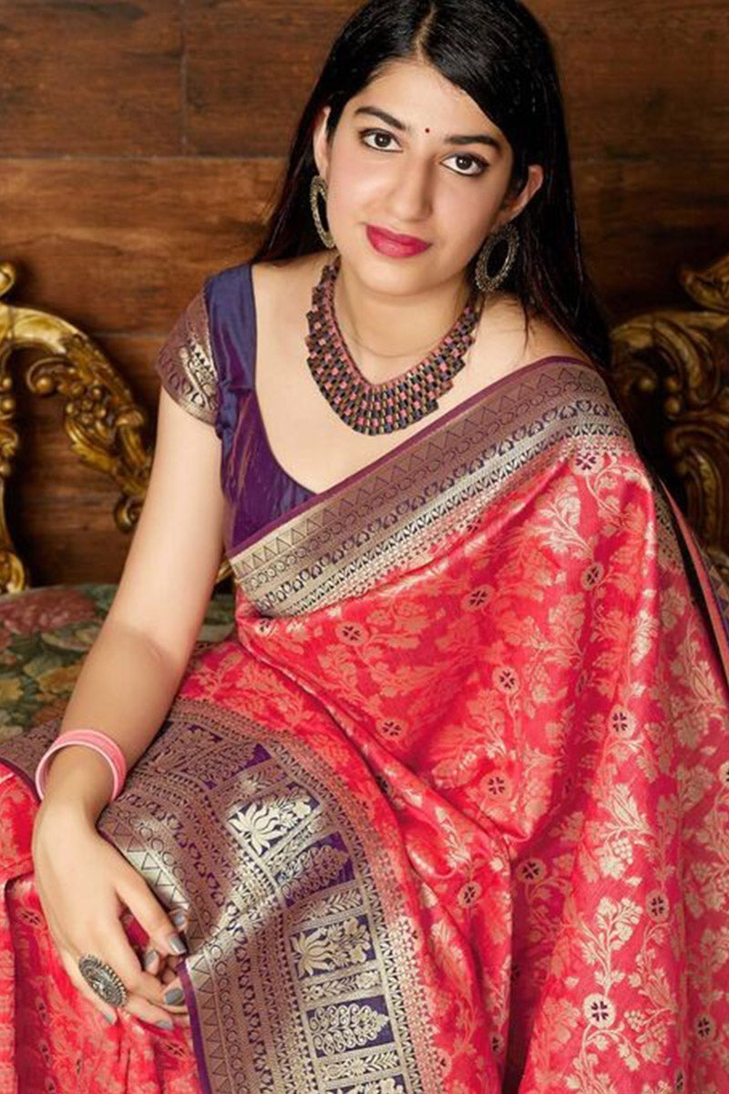 Magnetic Red Color Soft Banarasi Silk Saree With Blouse Piece