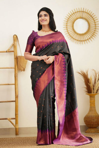 Beauteous Black Soft Silk Saree With Majesty Blouse Piece