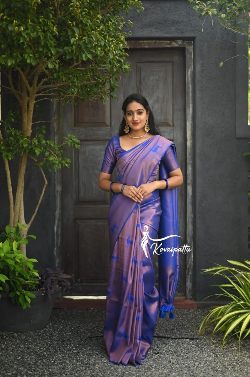 Glowing Navy Blue Color Soft Silk Saree With Blouse Piece