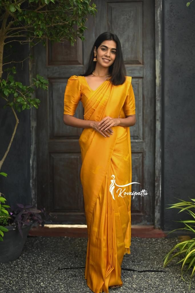 Glowing Yellow Color Soft Silk Saree With Blouse Piece