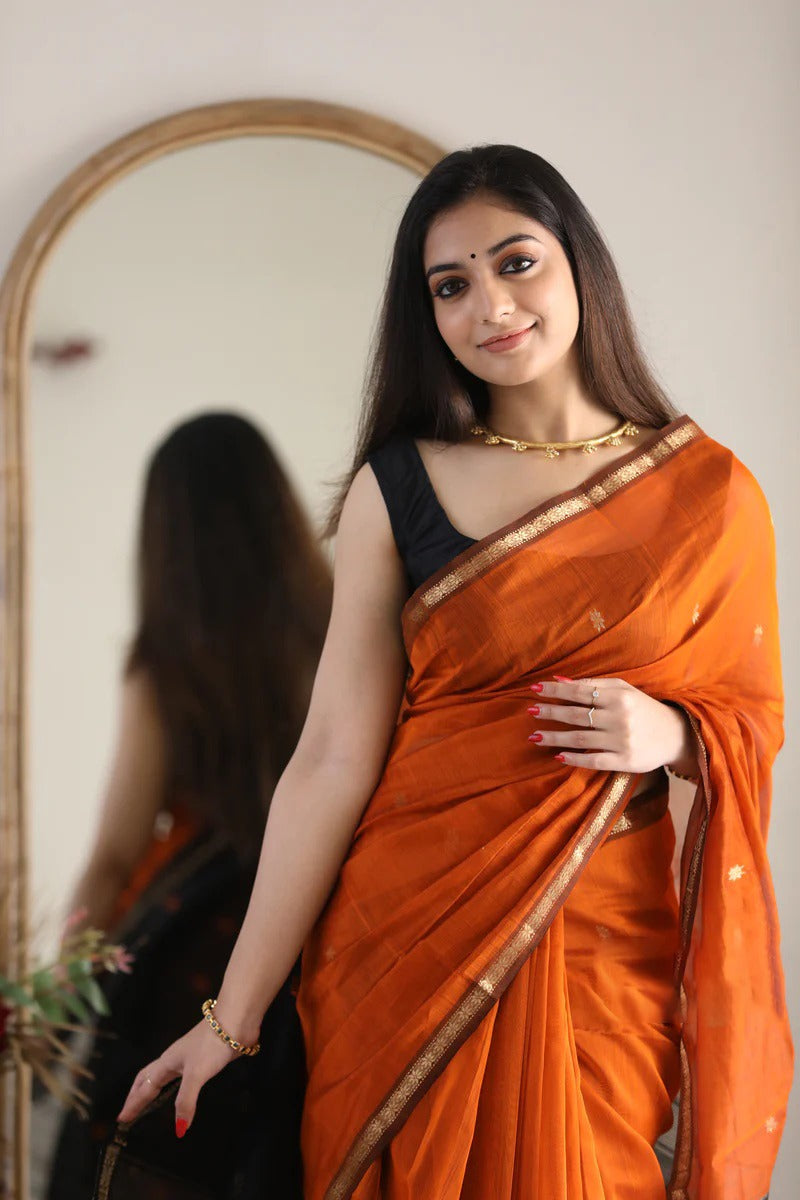 Phenomenal Orange Cotton Silk Saree With Sensational Blouse Piece