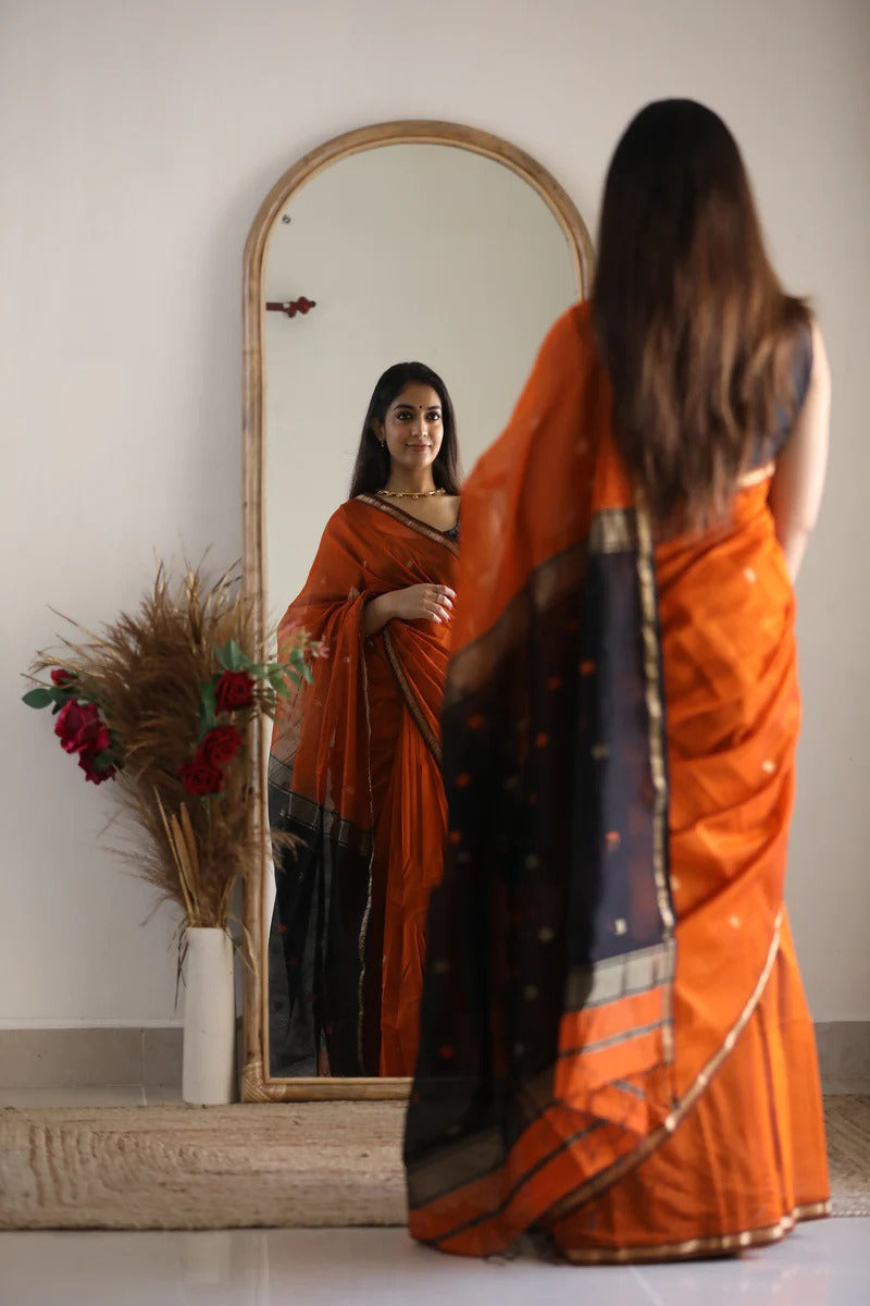 Phenomenal Orange Cotton Silk Saree With Sensational Blouse Piece