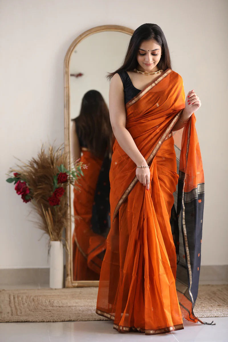 Phenomenal Orange Cotton Silk Saree With Sensational Blouse Piece