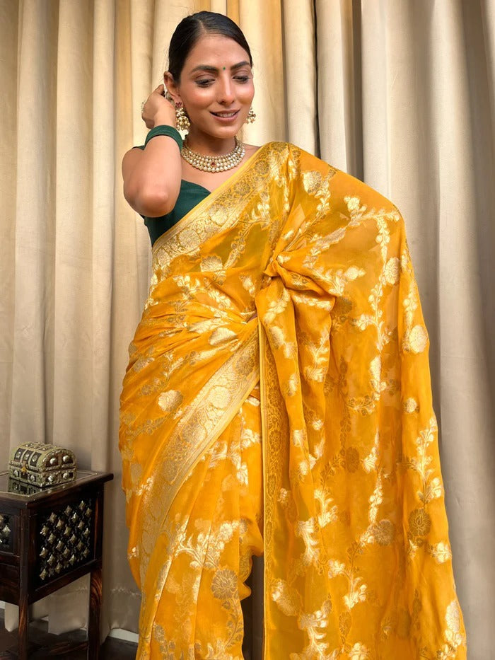 Glam Yellow Color Soft Banarasi Silk Saree With Beautiful Blouse Piece