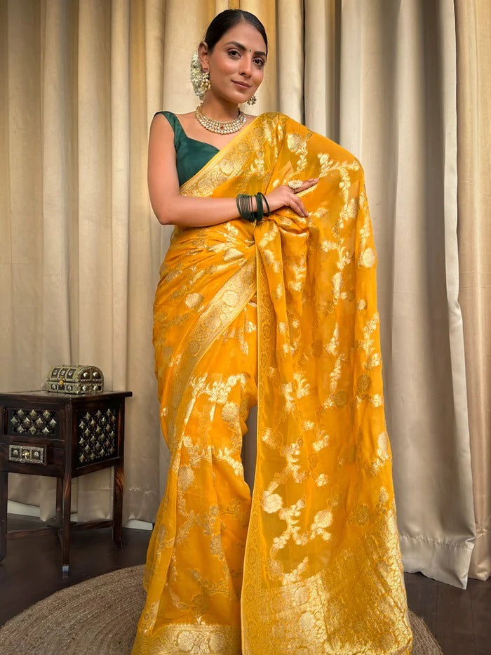 Glam Yellow Color Soft Banarasi Silk Saree With Beautiful Blouse Piece