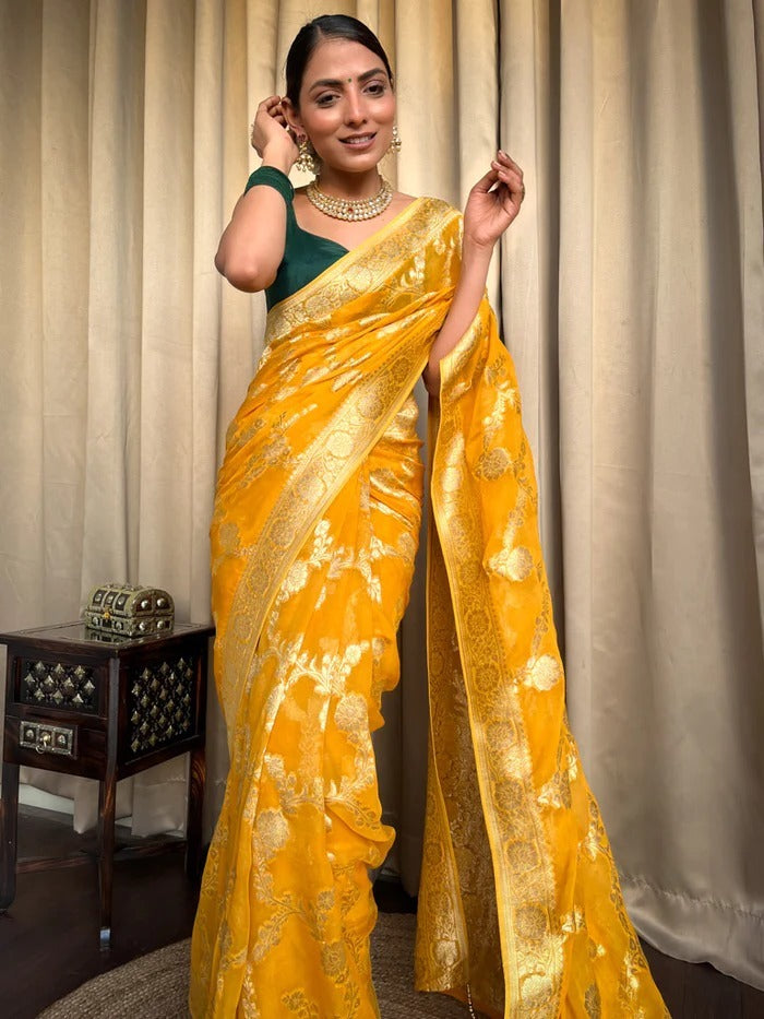 Glam Yellow Color Soft Banarasi Silk Saree With Beautiful Blouse Piece