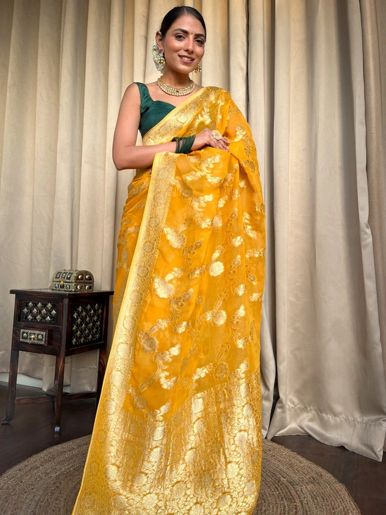 Glam Yellow Color Soft Banarasi Silk Saree With Beautiful Blouse Piece