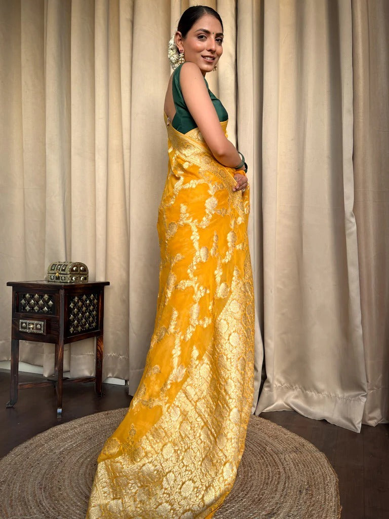 Glam Yellow Color Soft Banarasi Silk Saree With Beautiful Blouse Piece