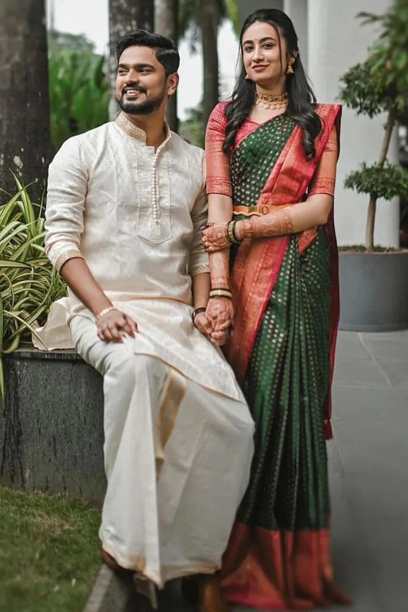 Delectable Green Soft Silk Saree With Effervescent Blouse Piece