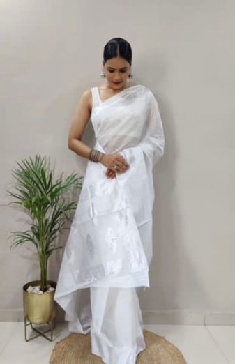 Conflate 1 Minute Ready To Wear White Cotton Silk Saree With Unstitched Blouse
