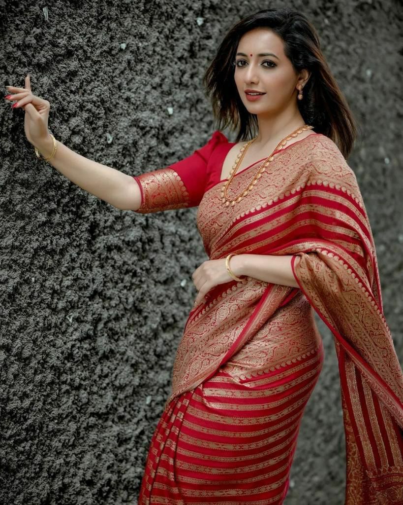 Intricate Red Color Soft Silk Saree With Blouse Piece