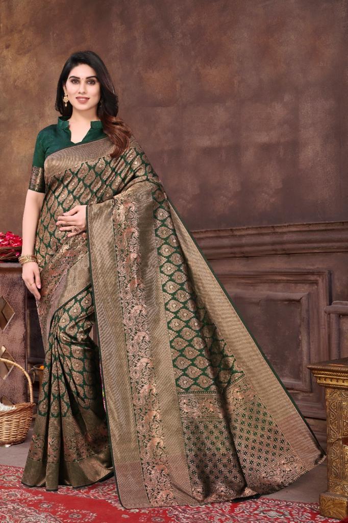 Most Flattering Green Color Soft Banarasi Silk Saree With Blouse Piece