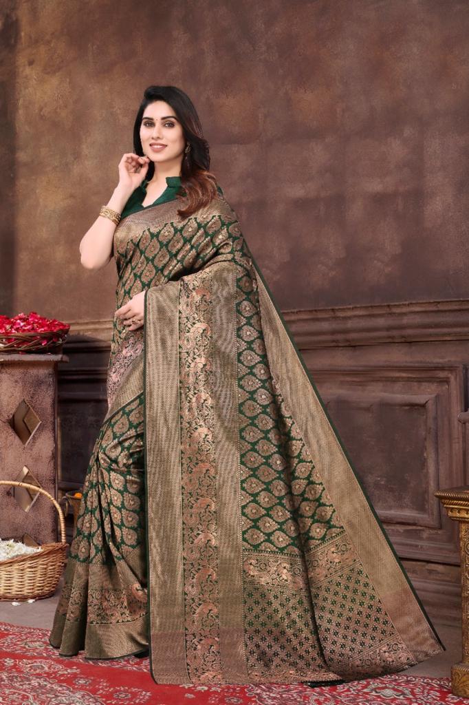 Most Flattering Green Color Soft Banarasi Silk Saree With Blouse Piece