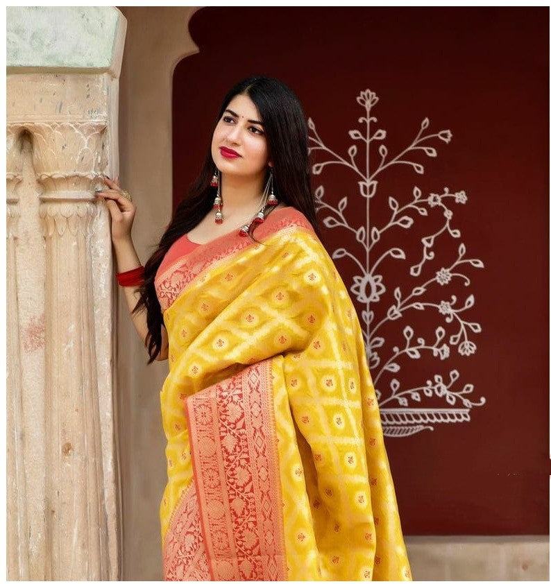 Stunning Yellow Color Soft Banarasi Silk Saree With Stylish Blouse Piece