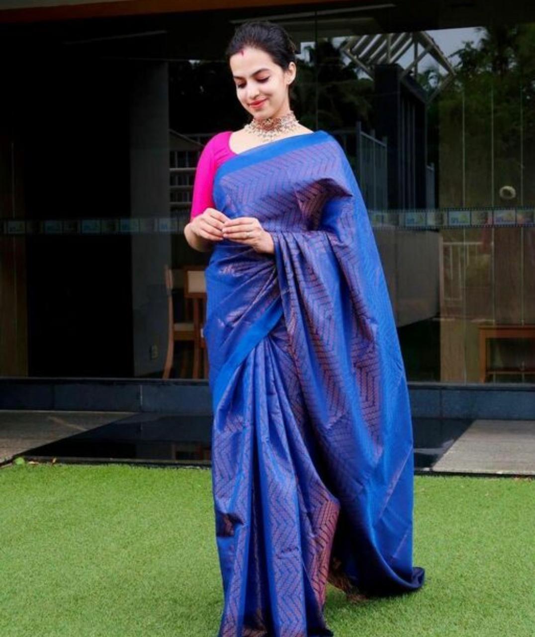 Mellifluous Blue Color Soft Banarasi Silk Saree With Blouse Piece