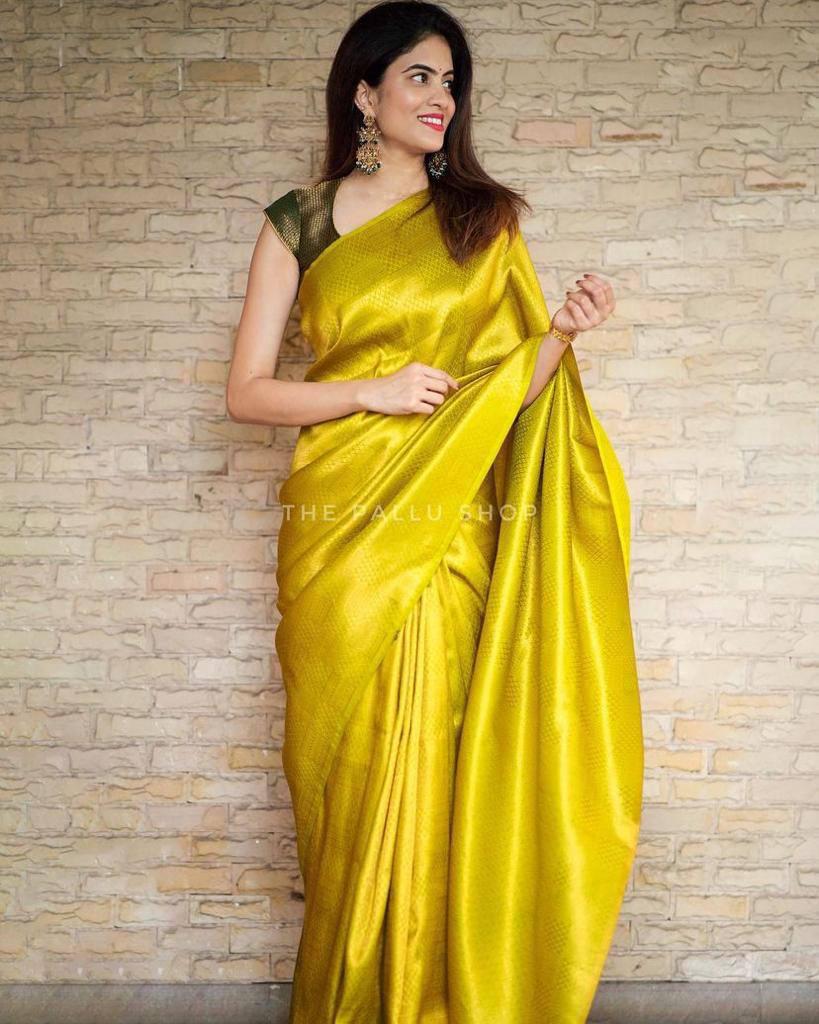 Glowing Yellow Color Soft Banarasi Silk Saree With Blouse Piece