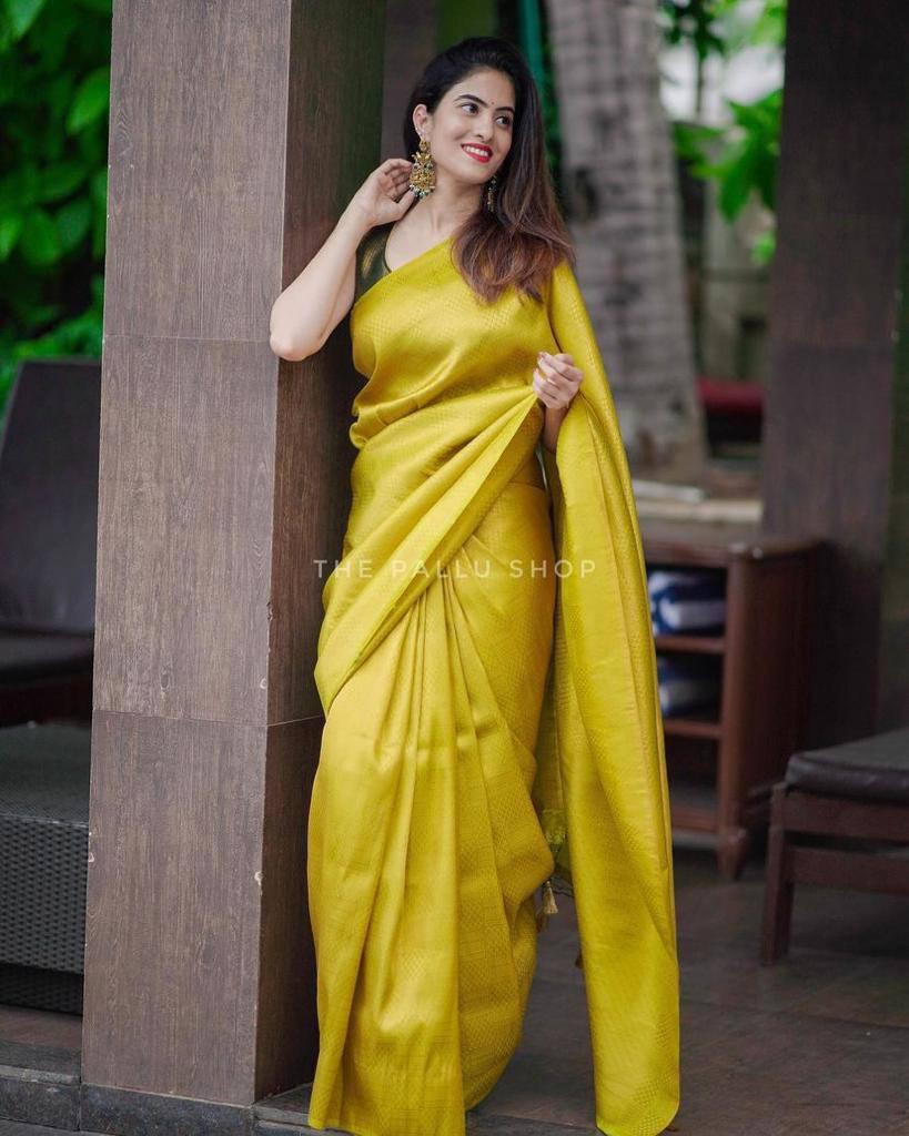 Glowing Yellow Color Soft Banarasi Silk Saree With Blouse Piece