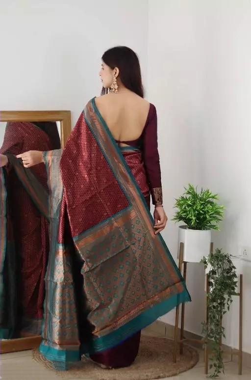 Denouement Maroon Color Soft Banarasi Silk Saree With Blouse Piece