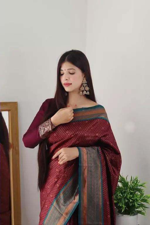 Denouement Maroon Color Soft Banarasi Silk Saree With Blouse Piece