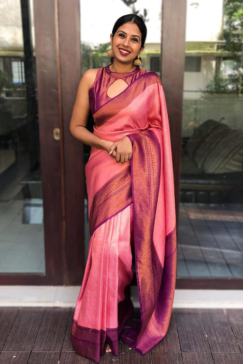 Woebegone Pink Sof Banarasi Silk Saree With Vestigial Blouse Piece