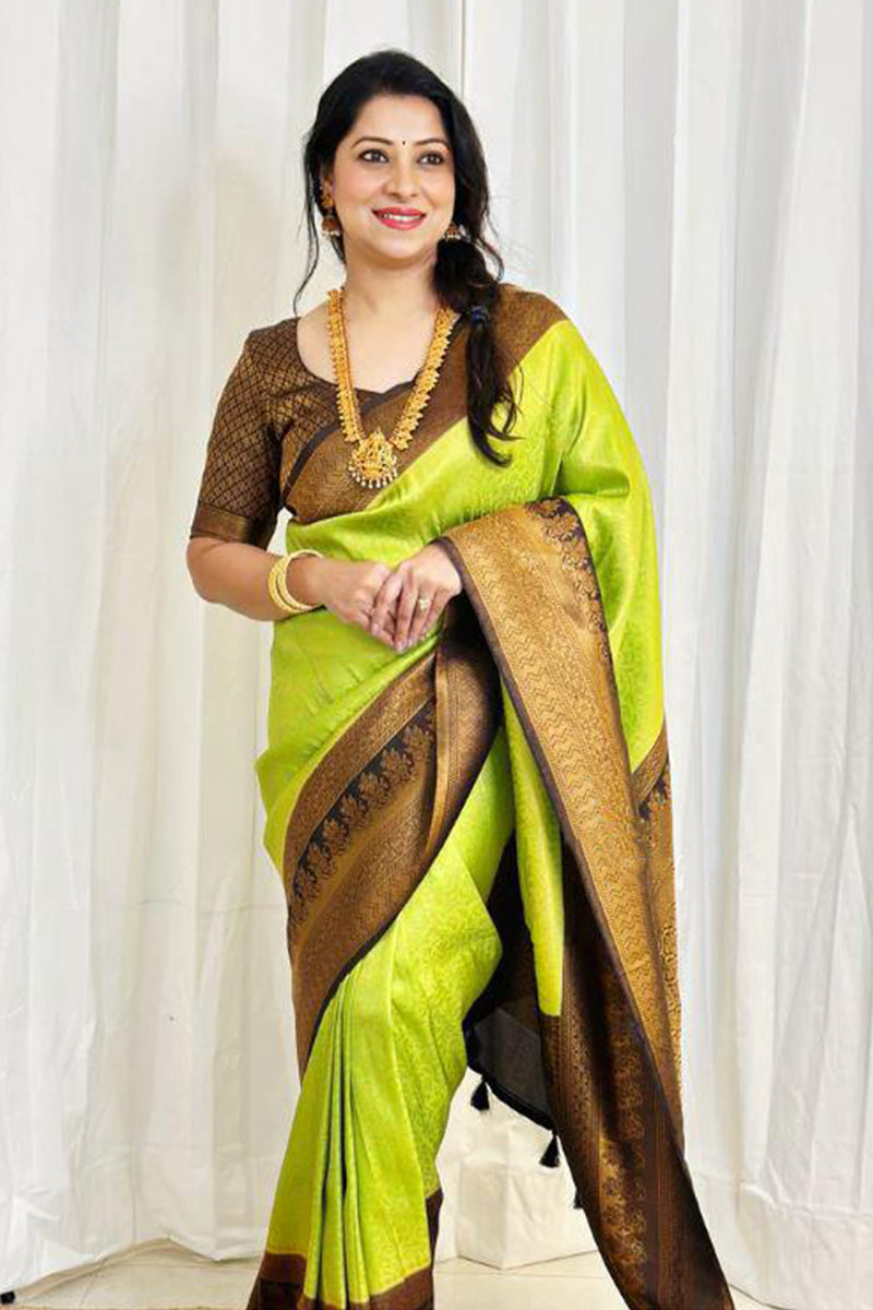 Energetic Parrot Green Soft Banarasi Silk Saree With Blouse Piece
