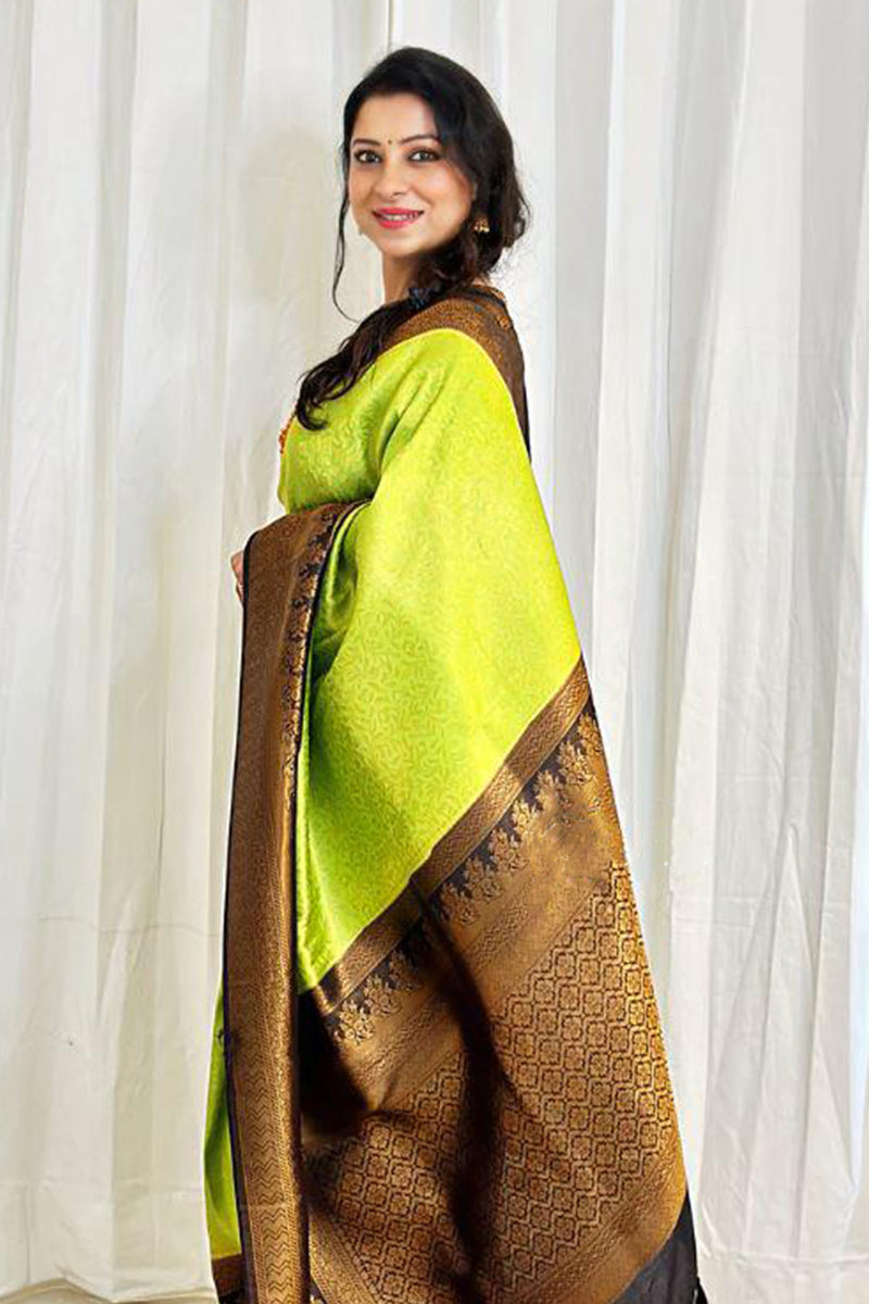 Energetic Parrot Green Soft Banarasi Silk Saree With Blouse Piece